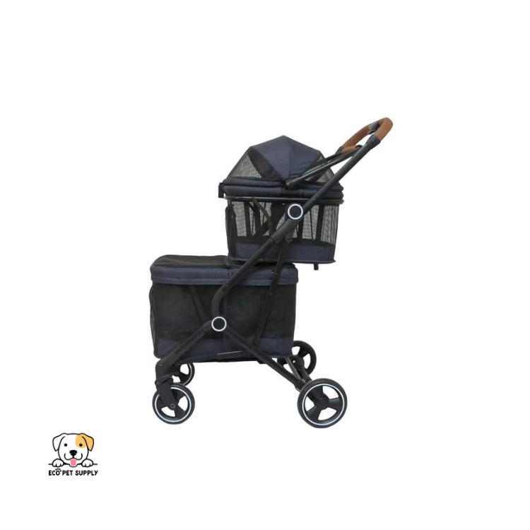 EcoPet Supplies 2025 Lightweight Double-Fold Pet Stroller with One-Hand Folding, 360° Wheels & Safety Harness for Small to Medium Pets