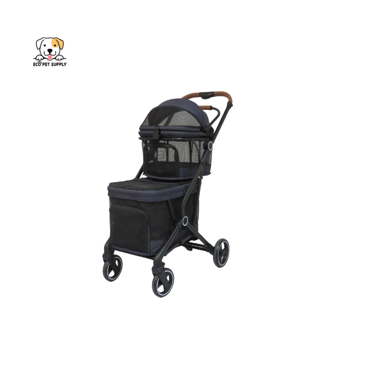 EcoPet Supplies 2025 Lightweight Double-Fold Pet Stroller with One-Hand Folding, 360° Wheels & Safety Harness for Small to Medium Pets