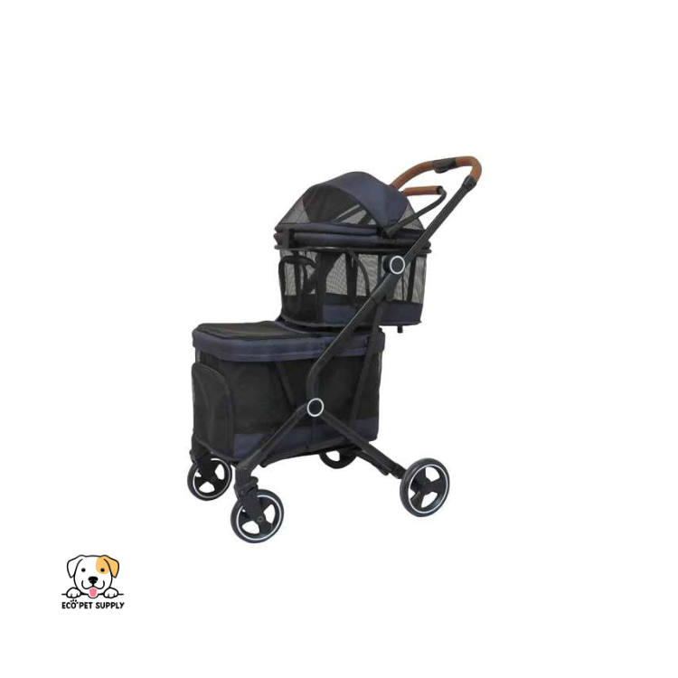 EcoPet Supplies 2025 Lightweight Double-Fold Pet Stroller with One-Hand Folding, 360° Wheels & Safety Harness for Small to Medium Pets