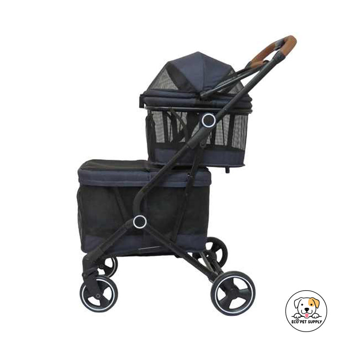 Eco Pet Supply Lightweight Double-Fold Pet Stroller with One-Hand Folding, 360° Wheels & Safety Harness for Small to Medium Pets