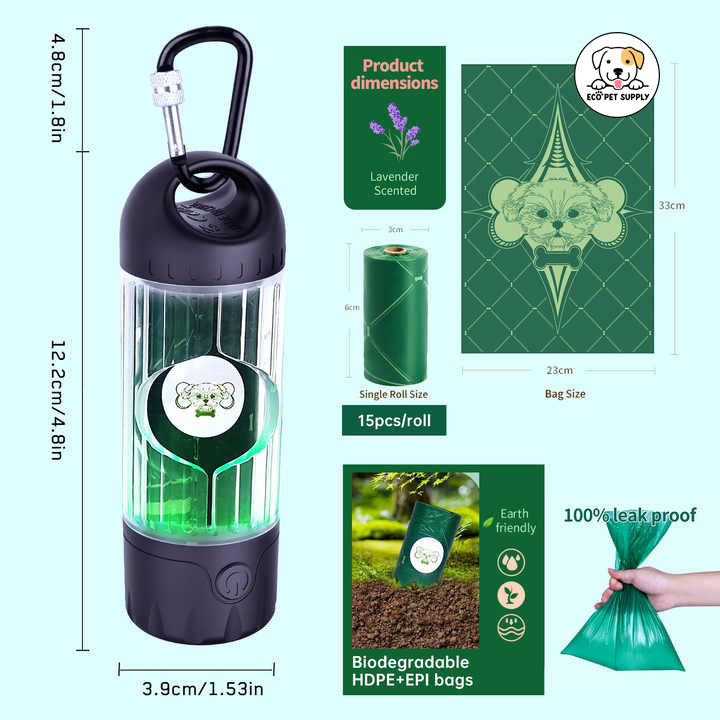 Eco Pet Supply Plastic Material Biodegradable Dog Waste Bags with Rechargeable Led Holder Flashlight Dog Poop Bag