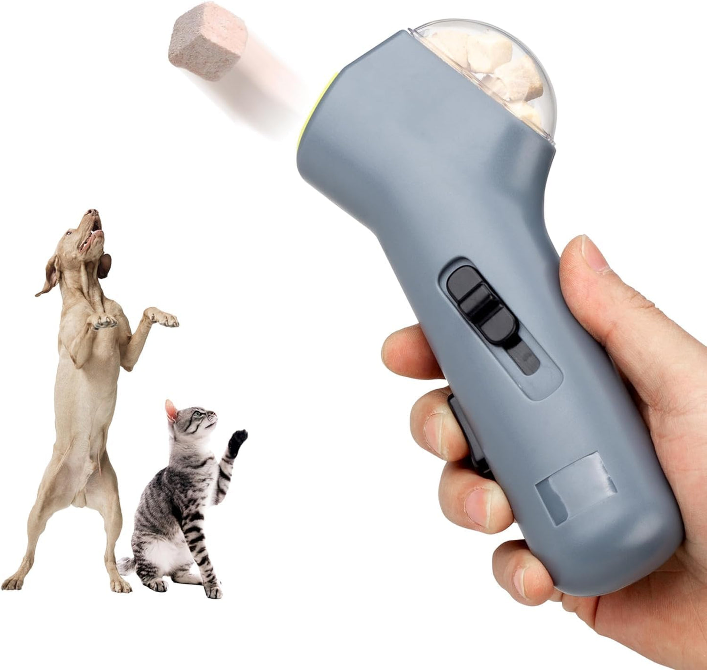 Pet Treat Launcher, Gray, Automatic Food Thrower with Storage Box, Training Device for Dogs, 6.7x1.8 Inches