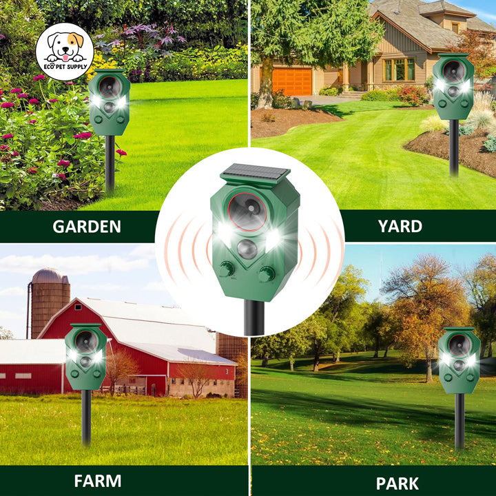 Eco Pet Supply Outdoor Solar Ultrasonic Animal Repeller with USB Charging – Motion-Activated LED Flashing Light for Garden, Yard & Farm Protection