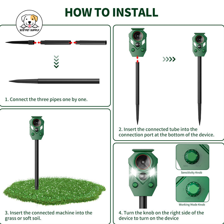 Eco Pet Supply Outdoor Solar Ultrasonic Animal Repeller with USB Charging – Motion-Activated LED Flashing Light for Garden, Yard & Farm Protection