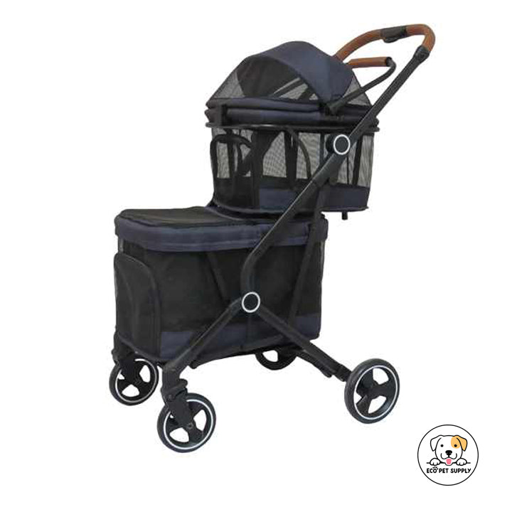 Eco Pet Supply Lightweight Double-Fold Pet Stroller with One-Hand Folding, 360° Wheels & Safety Harness for Small to Medium Pets
