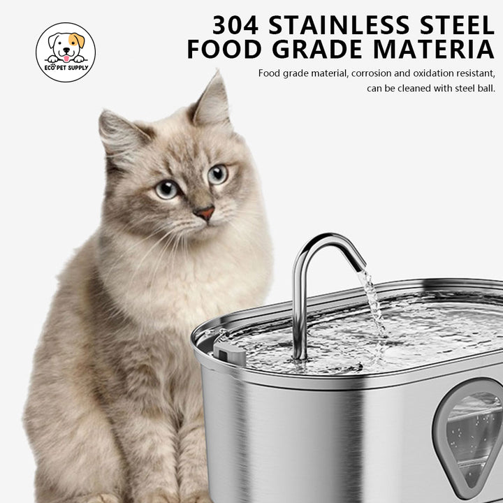 Eco Pet Supply Stainless Steel Pet Water Feeder – Automatic Gravity-Fed Water Dispenser with Silent Pump – BPA-Free Plastic Base – Ideal for Cats & Small Dogs