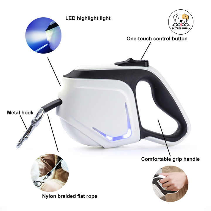 Eco Pet Supply LED Automatic Retractable Pet Leash – 3M/5M Lengths, Built-in Flashlight, LED Light Strip, Reflective Tape, Ergonomic Handle