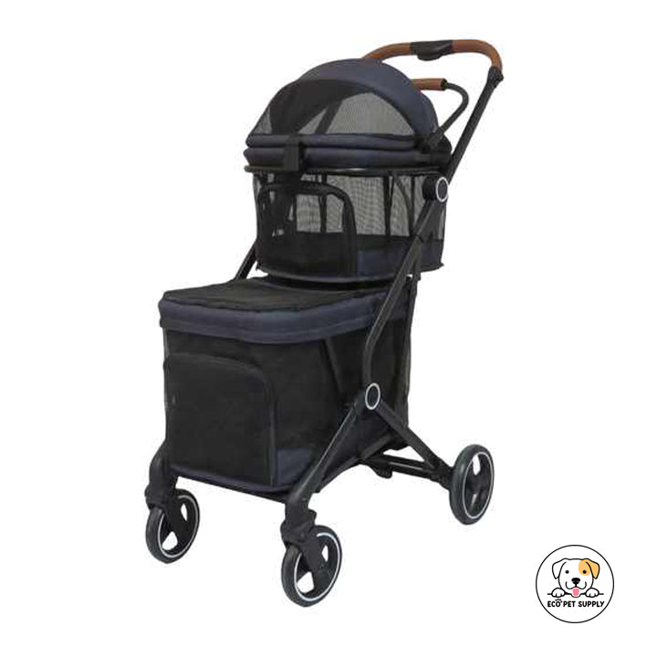 Eco Pet Supply Lightweight Double-Fold Pet Stroller with One-Hand Folding, 360° Wheels & Safety Harness for Small to Medium Pets