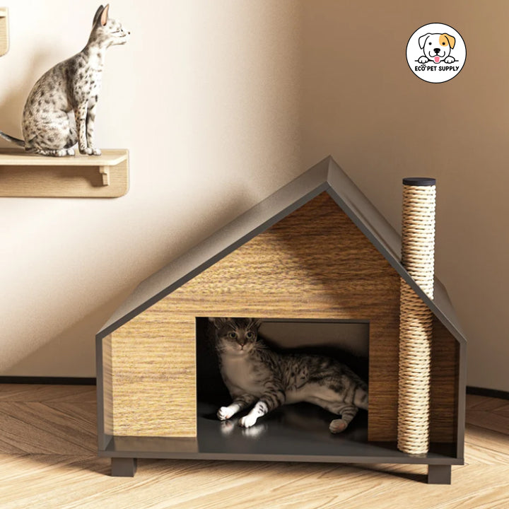 Eco Pet Supply Large Capacity Split Cat House Wood Brown