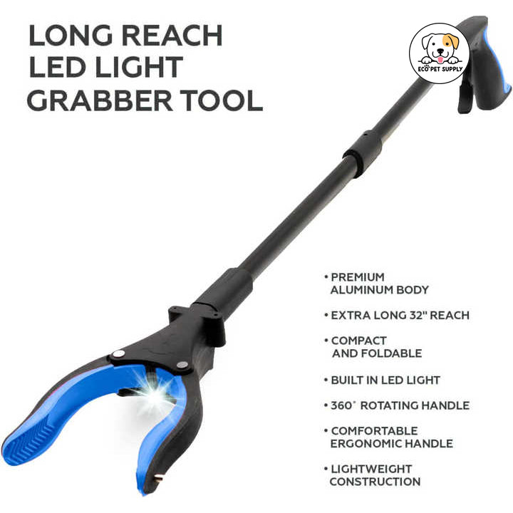 Eco Pet Supply LED Light Foldable Grabber Reacher Tool - 32” Extra Long Foldable Gripper and Reaching Tool - Heavy Duty Pick Up Stick Grabbers for Pet, Trash,