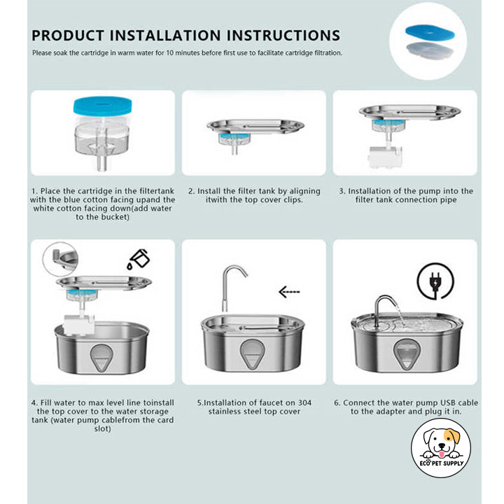 Eco Pet Supply Stainless Steel Pet Water Feeder – Automatic Gravity-Fed Water Dispenser with Silent Pump – BPA-Free Plastic Base – Ideal for Cats & Small Dogs