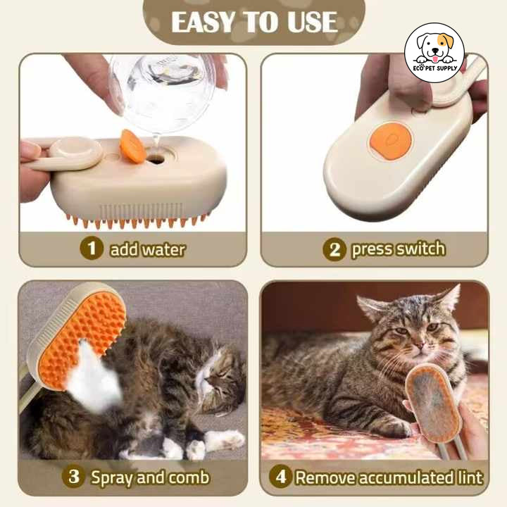 Eco Pet Supply 3-in-1 Electric Steam Pet Grooming Brush – Self-Cleaning, Massage, and Hair Removal Comb for Cats & Dogs – USB Rechargeable, Ergonomic Design