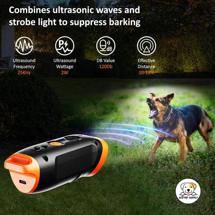 Eco Pet Supply DR01 Portable Ultrasonic Anti-Barking Device – Rechargeable, Handheld Dog Training Tool with LED Flashlight for Indoor & Outdoor Use